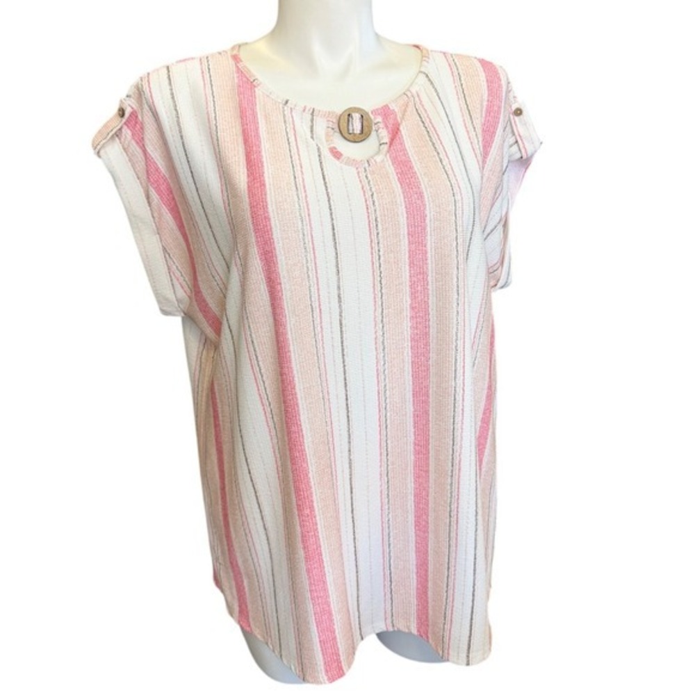Boho Costal Grandmother CURE Striped Beach Top Pink White Short Sleeve 2XL